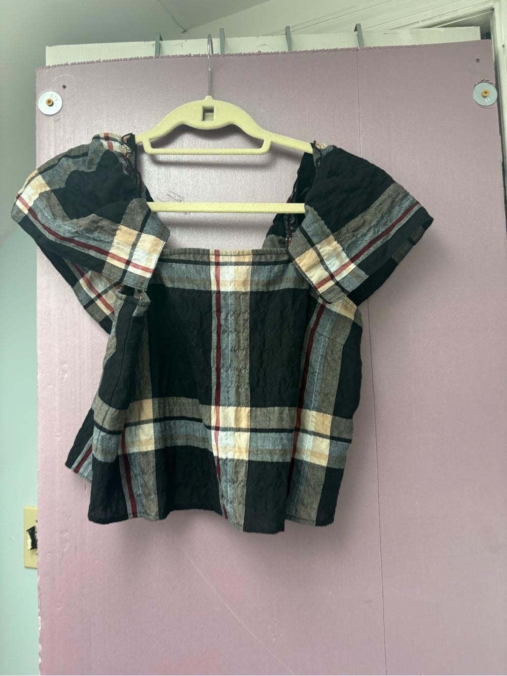 Club Monaco Black Plaid Square-Neck Puff Sleeve Crop Top